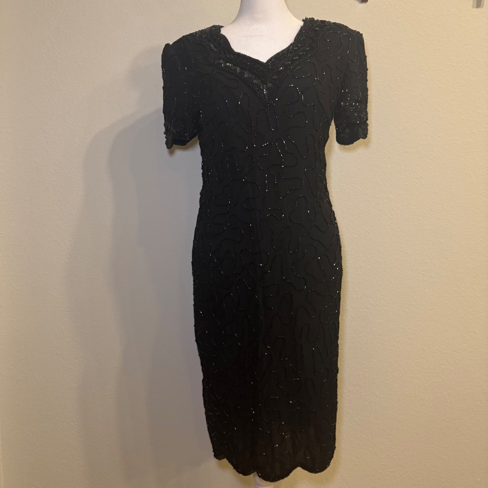 JMD New York Black Beaded Silk V Neck Short Sleeve‎ Cocktail Dress